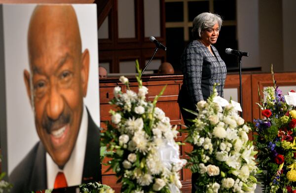 Donata Russell Ross, the eldest child of Atlanta developer and philanthropist H.J. Russell, spoke during the wake for her father on Nov. 21, 2024. (Kent D. Johnson/AJC)
