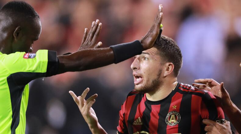 Atlanta United midfielder Eric Remedi argues a call with an official while playing C.S. Herediano in their Concacaf Champions League soccer match on Thursday, Feb. 28, 2019, in Kennesaw. Curtis Compton/ccompton@ajc.com