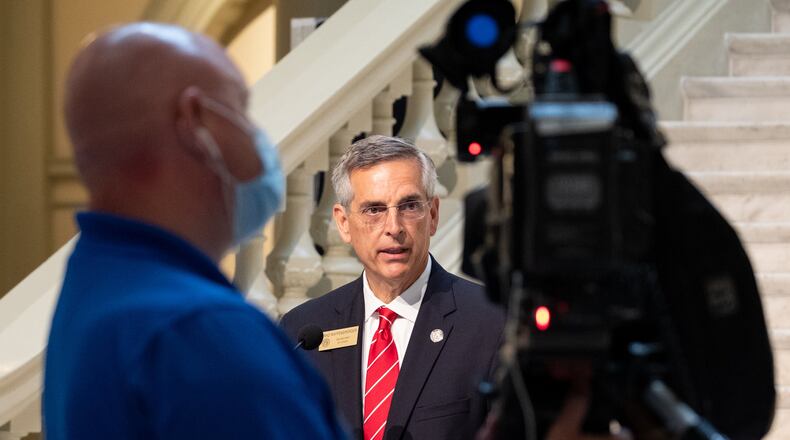 Georgia Secretary of State Brad Raffensperger holds a press conference Thursday morning May 28, 2020 at the State Capitol to talk about the upcoming Georgia primary on June 9. BEN GRAY FOR THE AJC