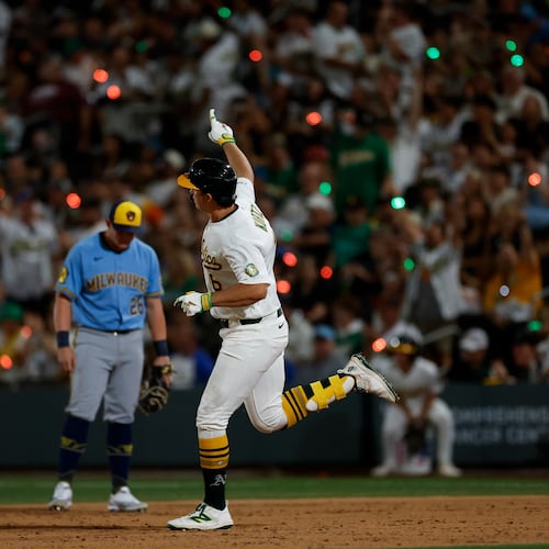 Athletics' Nick Kurtz (16) rounds the bases after hitting a solo home run during the sixth inning of a baseball game against the Milwaukee Brewers, Monday, June 8, 2026, in Las Vegas. (AP Photo/Caroline Brehman)