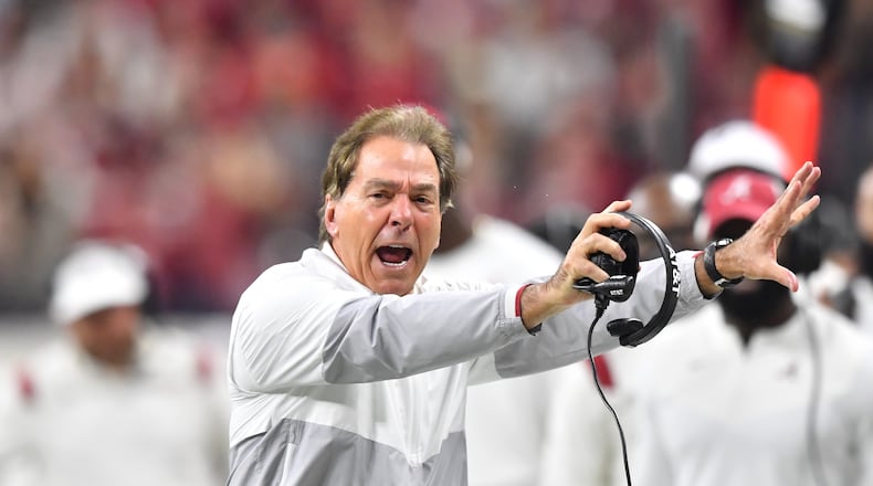 Nick Saban on the sideline during the 2022 College Football Playoff championship game against Georgia. (Hyosub Shin / AJC )