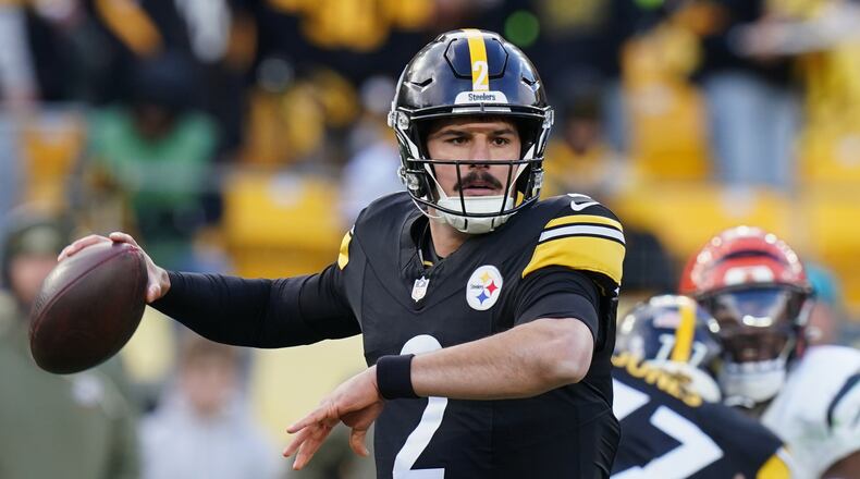 Pittsburgh Steelers quarterback Mason Rudolph (2) throws against the Cincinnati Bengals during the second half of an NFL football game Sunday, Nov. 16, 2025, in Pittsburgh. (AP Photo/Matt Freed)