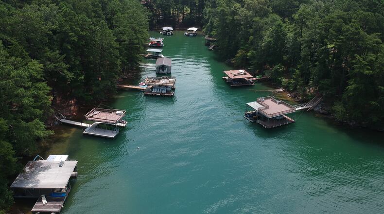 July 10, 2019 Buford - Aerial view shows typical boat docks in Lake Lanier on Wednesday, July 10, 2019. (Hyosub Shin / Hyosub.Shin@ajc.com)