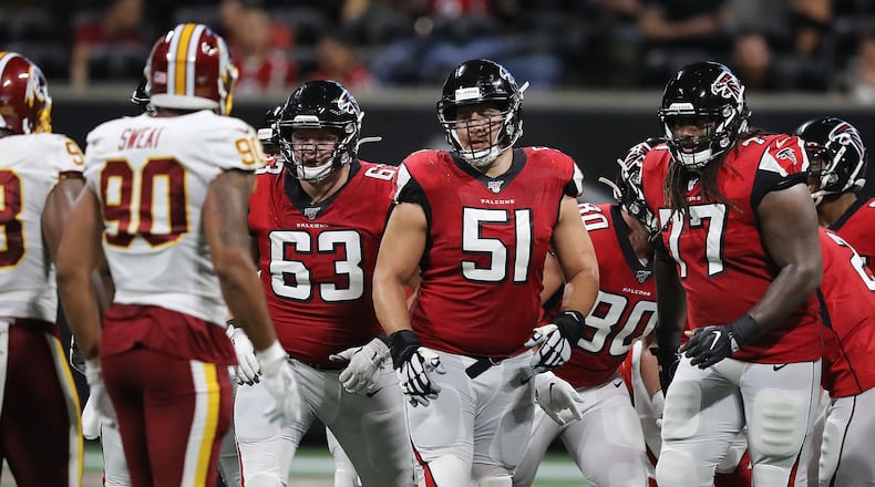 Atlanta Falcons offensive lineman Chris Lindstrom (from left), Alex Mack, and James Carpenter get in some quality bonding time against the Washington Redskins this preseason. (Curtis Compton/ccompton@ajc.com)