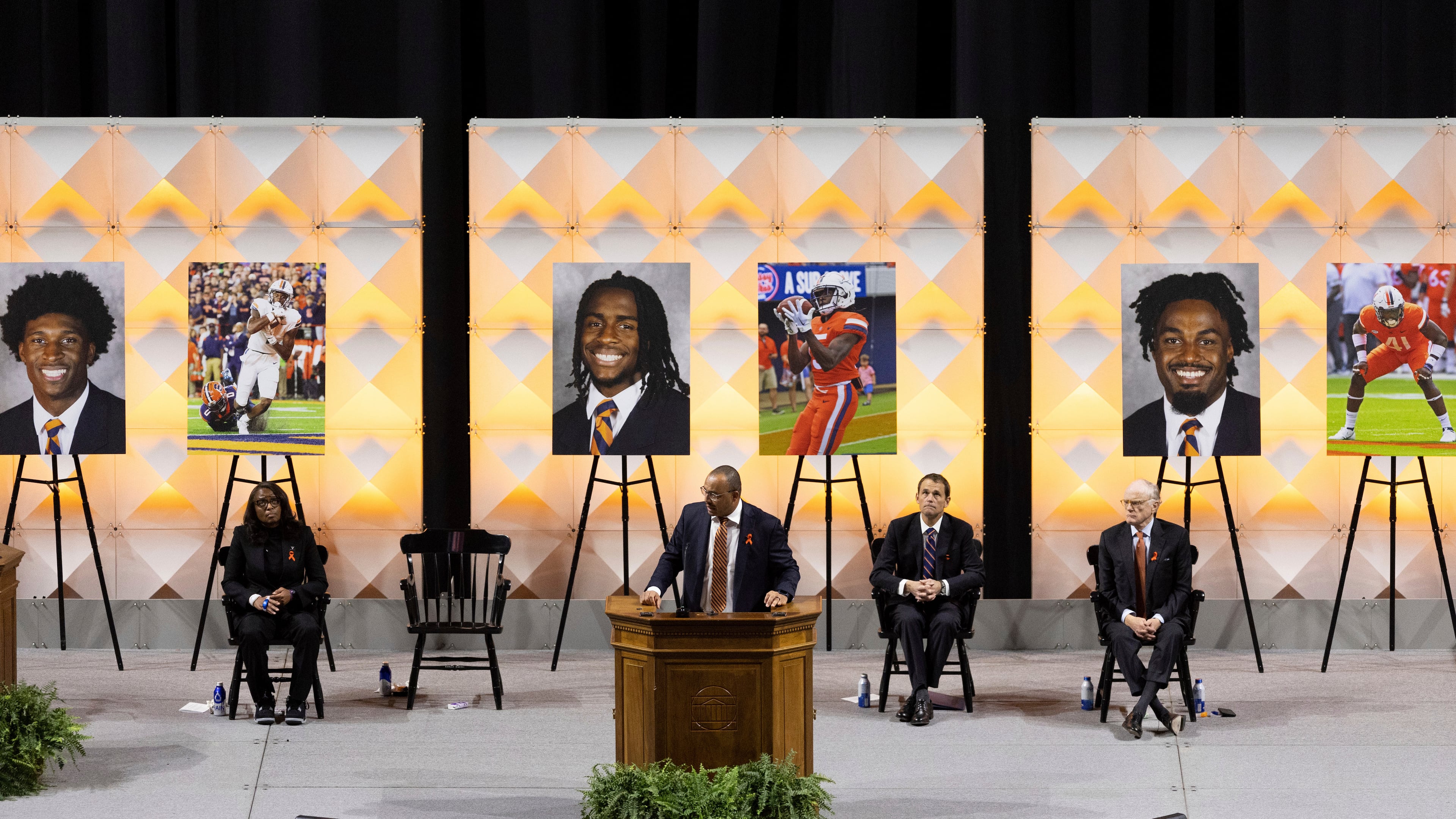 FILE - University of Virginia head football coach Tony Elliott speaks at a memorial service for three football players that were fatally shot, in Charlottesville, Va., Nov. 19, 2022. (Mike Kropf/The Daily Progress via AP, File)