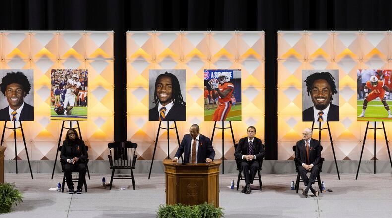 FILE - University of Virginia head football coach Tony Elliott speaks at a memorial service for three football players that were fatally shot, in Charlottesville, Va., Nov. 19, 2022. (Mike Kropf/The Daily Progress via AP, File)