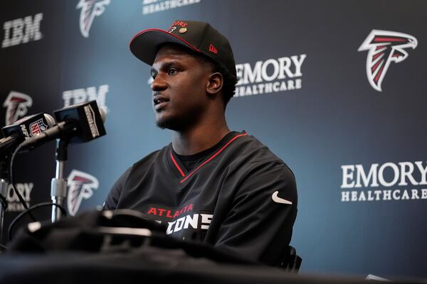 Atlanta Falcons first-round draft pick James Pearce Jr., speaks during a news conference, Friday, April 25, 2025, in Flowery Branch, Ga. (AP Photo/Brynn Anderson)