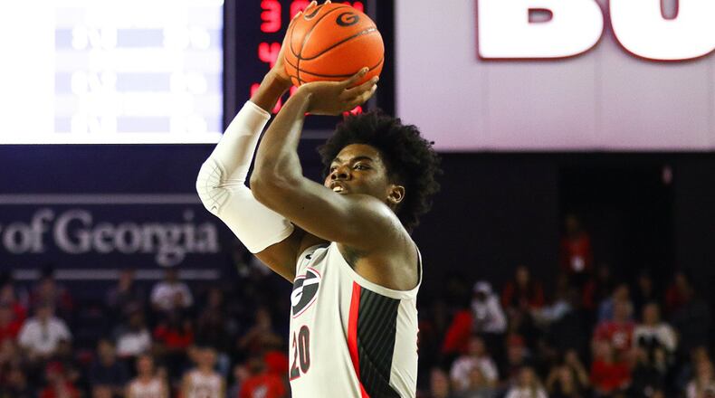 Georgia's Rayshaun Hammonds shoots in a game between the University of Georgia and LSU in Athens, Ga., on Saturday, Feb. 16, 2019. (Photo by Kristin M. Bradshaw/UGA)