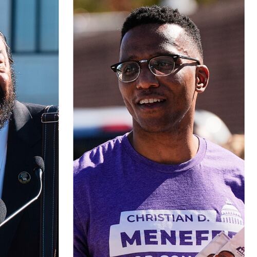 FILE - This combination of file images shows Rep. Al Green, D-Texas, in Washington on Oct. 15, 2025, left, and Rep. Christian Menefee, D-Texas, in Houston on Nov. 4, 2025. (AP Photo/Cliff Owen/Ashley Landis, File)
