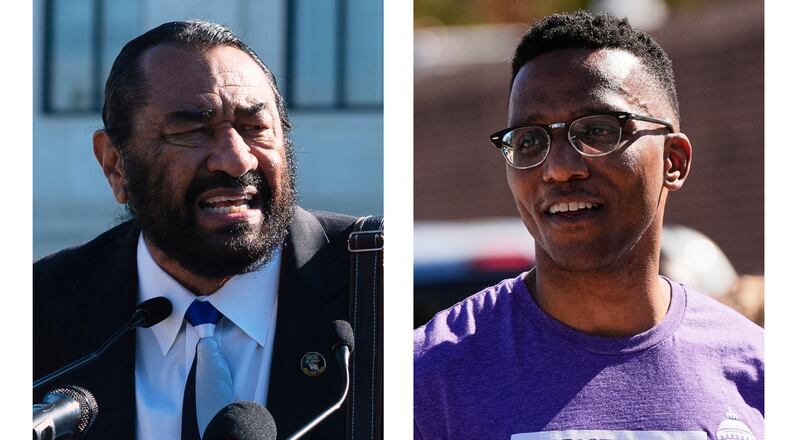 FILE - This combination of file images shows Rep. Al Green, D-Texas, in Washington on Oct. 15, 2025, left, and Rep. Christian Menefee, D-Texas, in Houston on Nov. 4, 2025. (AP Photo/Cliff Owen/Ashley Landis, File)