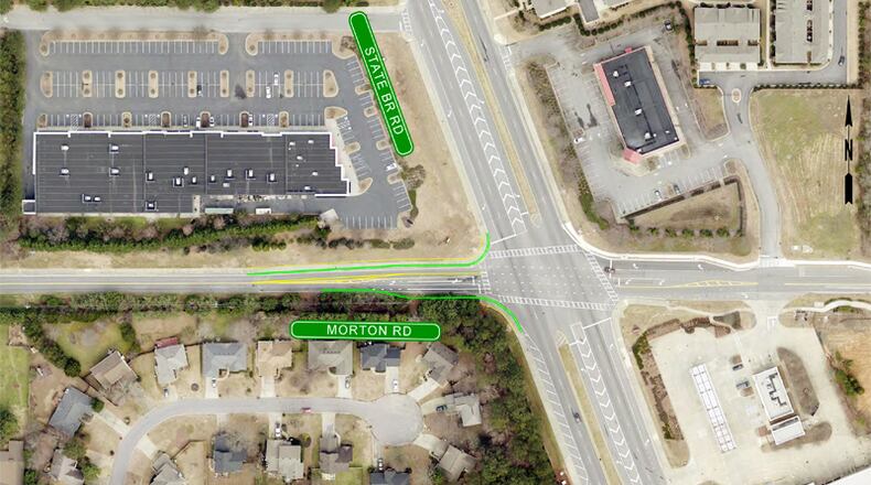 Aerial view depicts the right-turn lane to be constructed from West Morton Road to State Bridge Road. CITY OF JOHNS CREEK