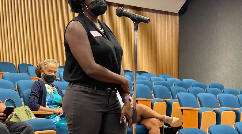 State Rep. Jasmine Clark, D-Lilburn, asks representatives with Fair Count in August how to involve her constituents in the redistricting process. (Tyler Wilkins/ tyler.wilkins@ajc.com)