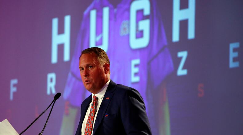 Former Mississippi coach Hugh Freeze speaks during the Southeastern Conference's annual media gathering, Thursday, July 13, in Hoover, Ala. (AP photo)