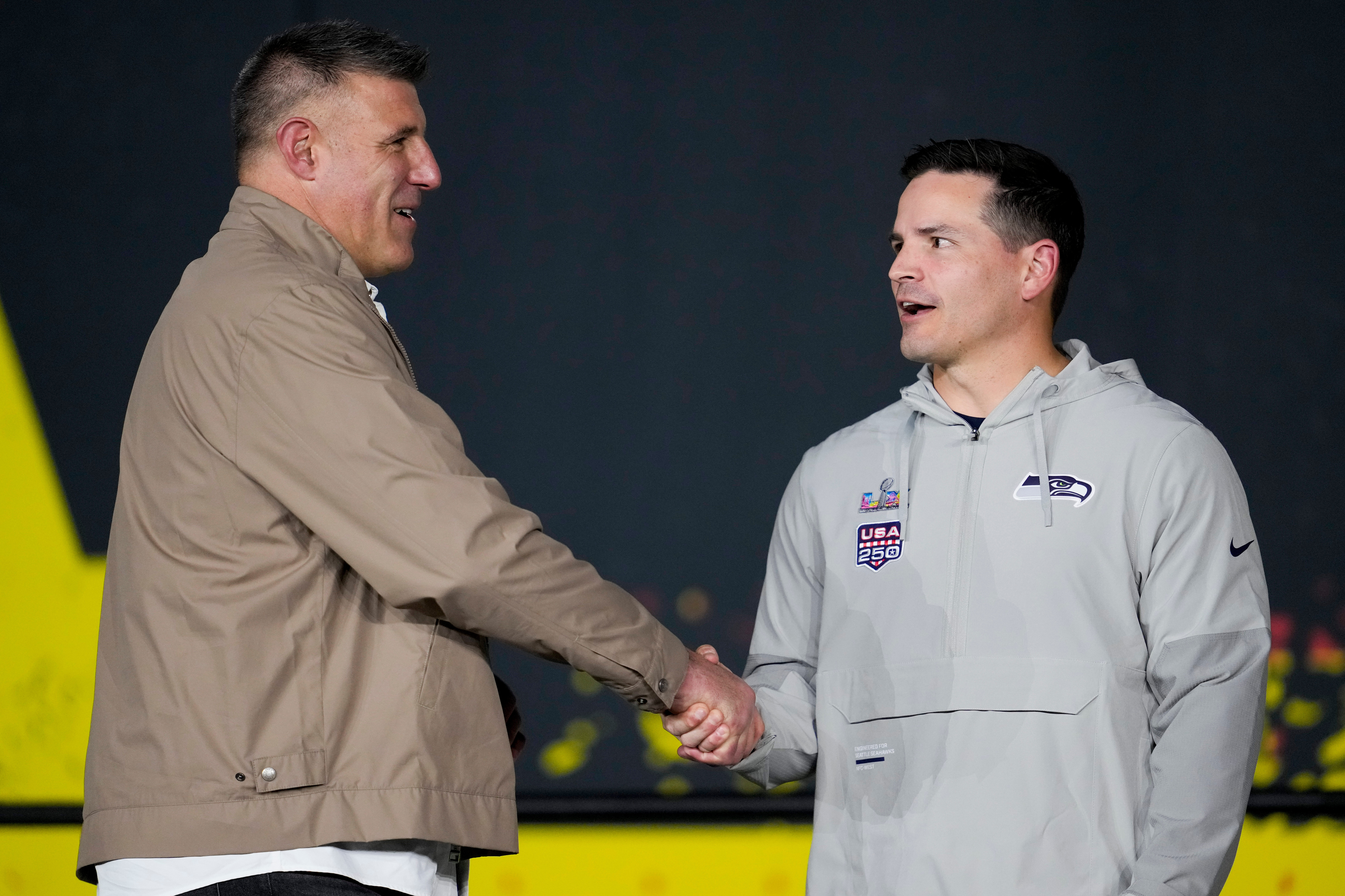 Seahawks coach Mike MacDonald (right) greets Patriots coach Mike Vrabel during the NFL Super Bowl Opening Night on Monday, Feb. 2, 2026, in San Jose, Calif. (Godofredo A. Vásquez/AP)
