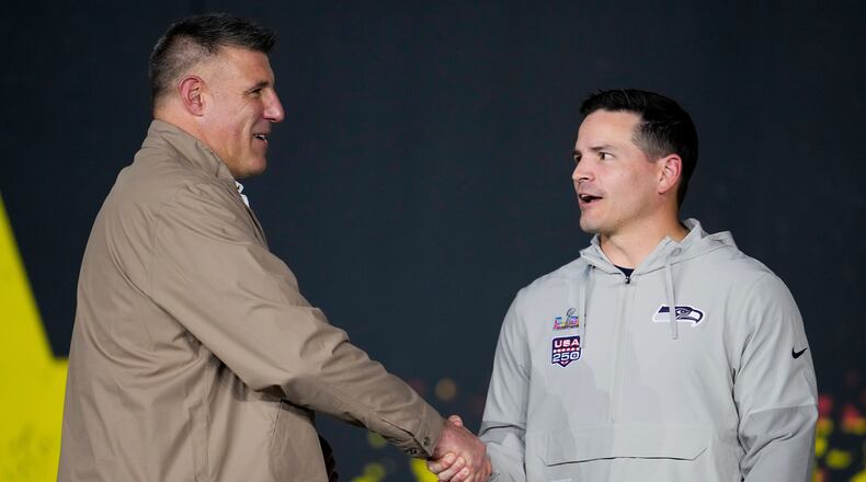 Seahawks coach Mike MacDonald (right) greets Patriots coach Mike Vrabel during the NFL Super Bowl Opening Night on Monday, Feb. 2, 2026, in San Jose, Calif. (Godofredo A. Vásquez/AP)