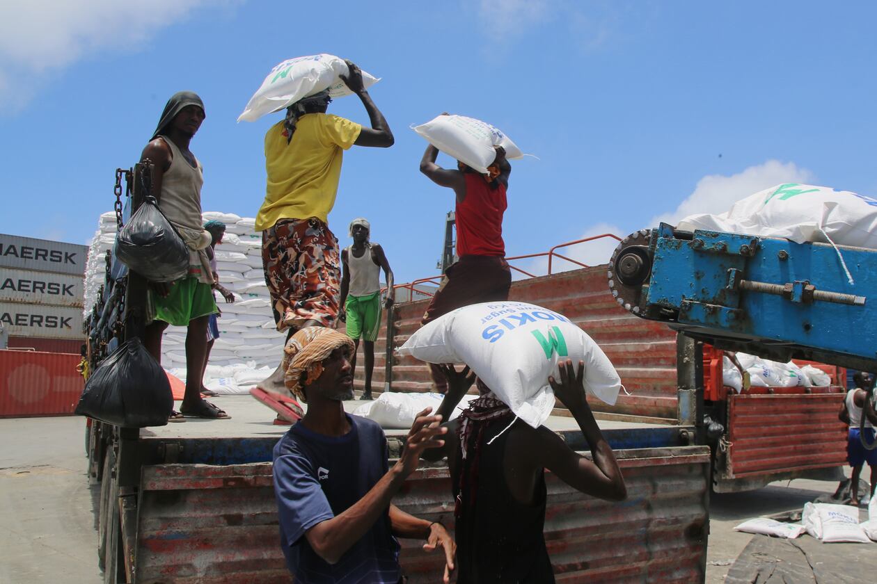 Workers load cargo at the port in Mogadishu, Somalia, Sunday, Sept. 13, 2026. (AP Photo/Farah Abdi Warsameh)