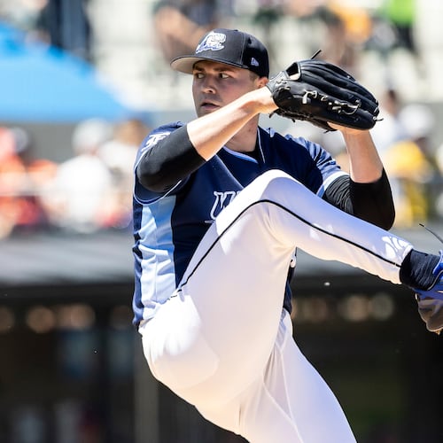 Detroit Tigers pitcher Tarik Skubal winds up to throw in a rehab start for the West Michigan Whitecaps against the Dayton Dragons in Comstock Park, Mich., Sunday, June 7, 2026. (Isaac Ritchey/The Grand Rapids Press via AP)
