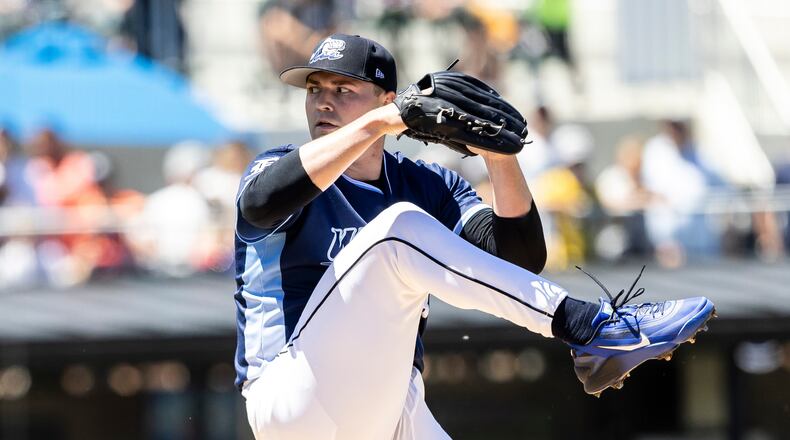 Detroit Tigers pitcher Tarik Skubal winds up to throw in a rehab start for the West Michigan Whitecaps against the Dayton Dragons in Comstock Park, Mich., Sunday, June 7, 2026. (Isaac Ritchey/The Grand Rapids Press via AP)