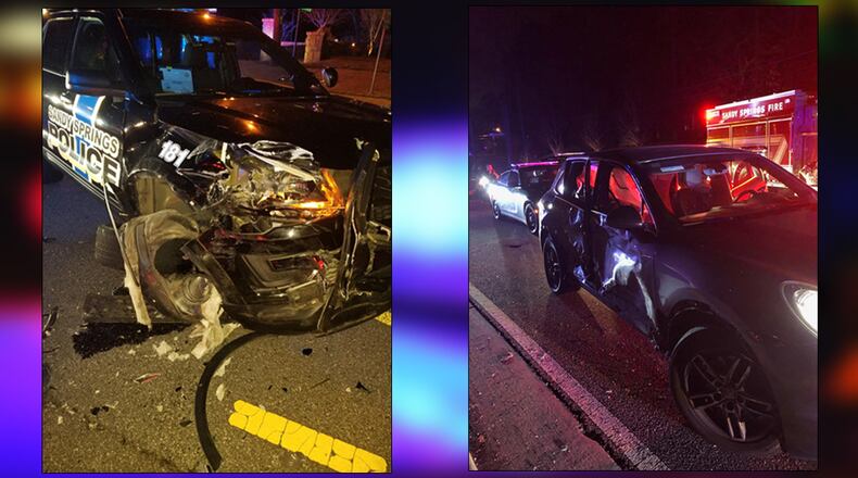 The damage to both the patrol car and Porsche SUV after a head-on collision early Tuesday morning.