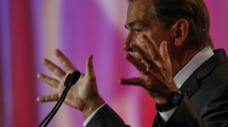 Alabama NCAA college football coach Nick Saban speaks during the Southeastern Conference’s annual media gathering, Wednesday, July 12, 2017, in Hoover, Ala. (AP Photo/Butch Dill)