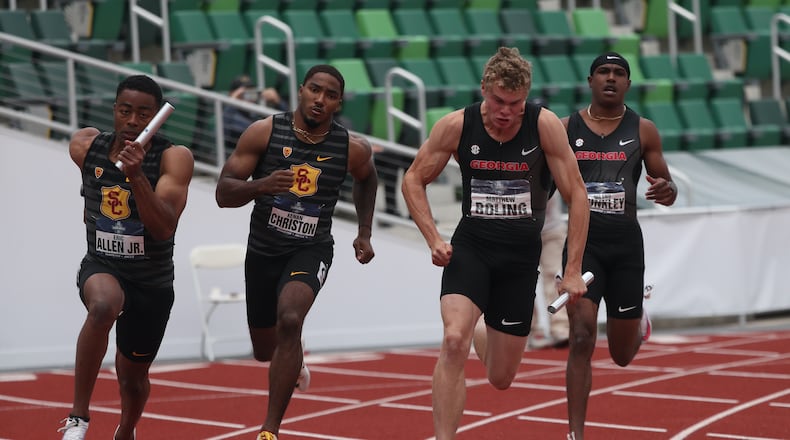 Georgia's Matthew Boling (third from left) takes the baton for his leg of the 4x100-meter relay at the NCAA Outdoor Track & Field Championships in Eugene, Ore., in June. (Eric Evans for UGA Athletics)