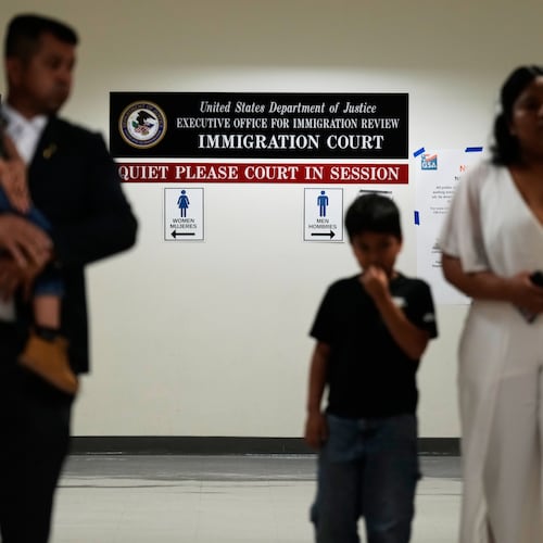 People arrive for immigration court hearings in New York, Monday, July 27, 2026. (AP Photo/Seth Wenig)