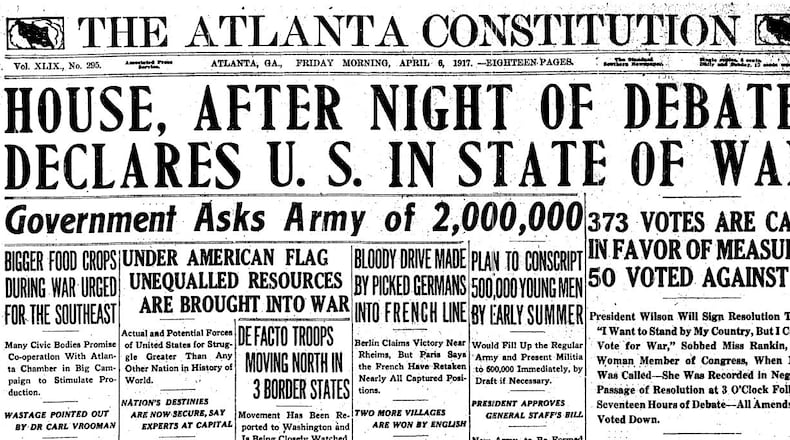 The Atlanta Constitution reported that the United States was in a state of war on April 6, 1917.