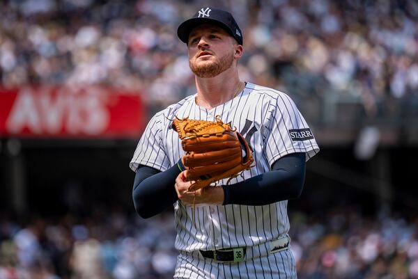 New York Yankees pitcher Clarke Schmidt (36) walks off the field during the fourth inning of a baseball game against the Athletics, Saturday, June 28, 2025, in New York. (AP Photo/Angelina Katsanis)