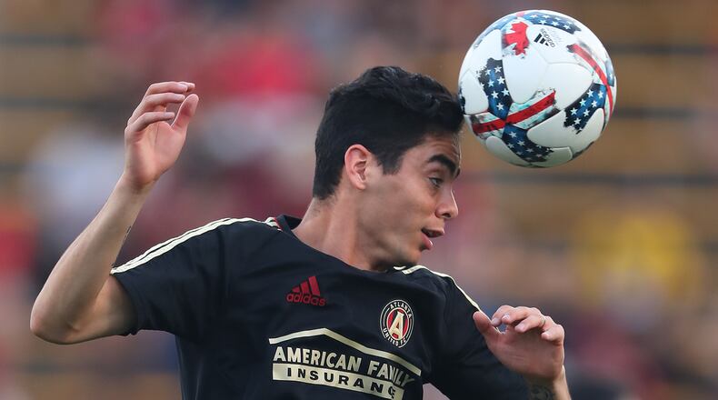 June 14, 2017, Kennesaw: Atlanta United midfielder Miguel Almiron prepares to play Charleston Battery in the Lamar Hunt U.S. Open Cup fourth round at 5th Third Bank Stadium on Wednesday, June 14, 2017, in Kennesaw.    Curtis Compton/ccompton@ajc.com