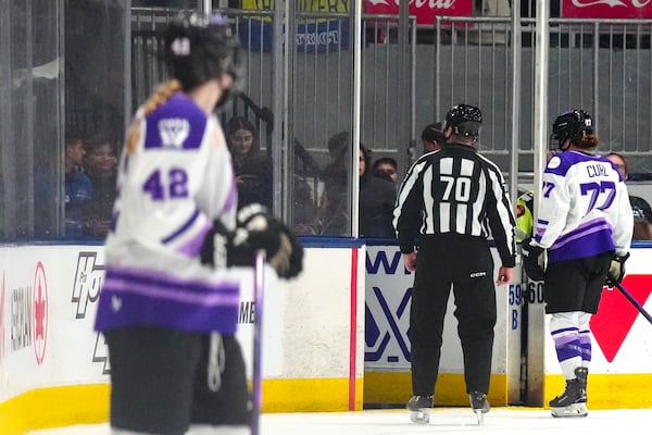 Minnesota Frost's Britta Curl-Salemme leaves the ice after receiving a five minute major penalty and a game misconduct following a hit on Toronto Sceptres' Renata Fast during second period PWHL playoff action in Toronto, on Wednesday, May 7, 2025. (Chris Young/The Canadian Press via AP)