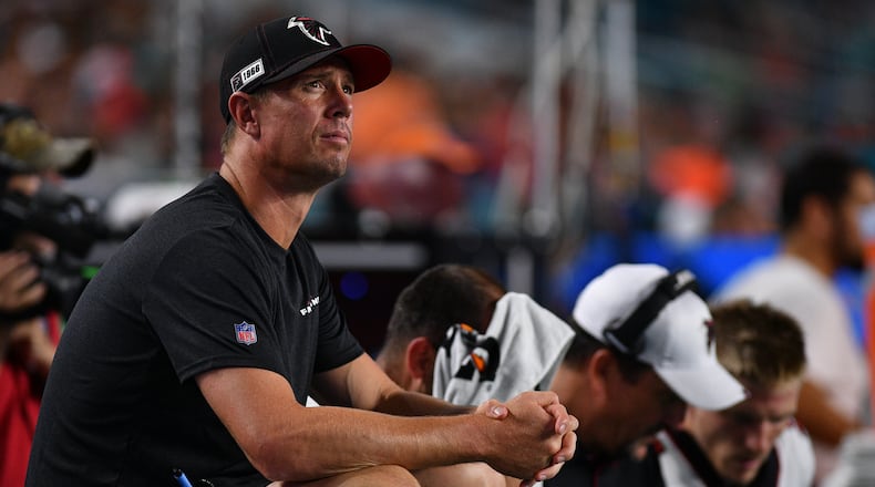 Matt Ryan #2 of the Atlanta Falcons on the bench in the first quarter during a preseason game against the Miami Dolphins at Hard Rock Stadium on August 8, 2019 in Miami, Florida. (Photo by Mark Brown/Getty Images)