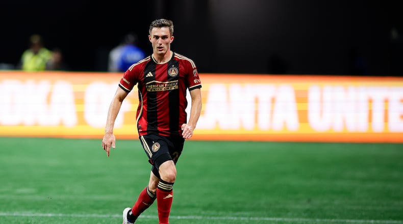 Atlanta United defender Noah Cobb #24 dribbles during the match against Toronto FC at Mercedes Benz Stadium in Atlanta, Ga. on Saturday, June 29, 2024. (Photo by Alex Slitz/Atlanta United)