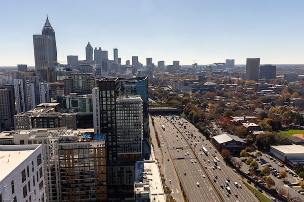 A view of the skyline from the newly completed office tower Spring Quarter in Atlanta on Monday, Dec. 2, 2024. (Arvin Temkar/AJC)