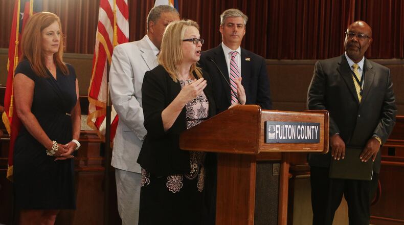 Sharon Whitmore, Fulton County chief financial officer, speaks during a press conference. Christina Matacotta/AJC FILE PHOTO