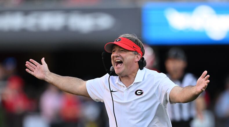 Georgia head coach Kirby Smart shouts instructions during the first half in an NCAA football game at Sanford Stadium, Saturday, October 12, 2024, in Athens. (Hyosub Shin / AJC)