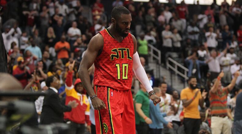 Atlanta Hawks guard Tim Hardaway Jr. reacts after a play in the 126-125 overtime victory over the Cleveland Cavaliers Sunday. (HENRY TAYLOR / HENRY.TAYLOR@AJC.COM)