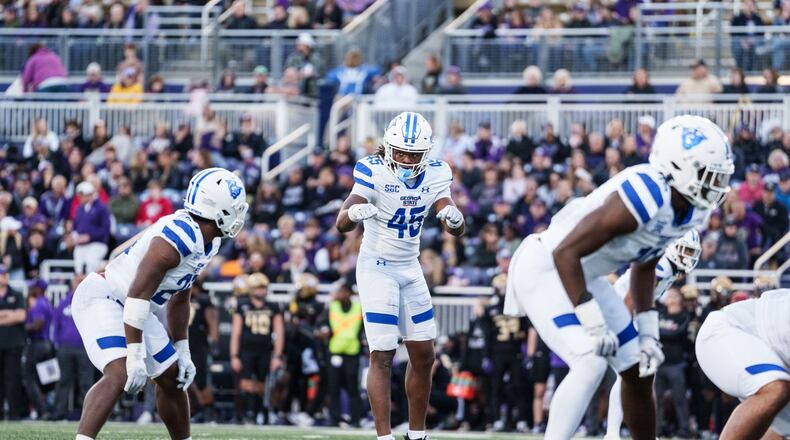 Georgia State Panthers linebacker Damaine Wilson (45) during the NCAA game between the Georgia State Panthers and the James Madison Dukes on Saturday, November 9, 2024 at Bridgeforth Stadium in Harrisonburg, VA. (Photo by Ivan Konon/Georgia State Athletics)