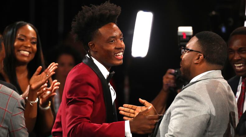 Collin Sexton reacts after being drafted eighth overall by the Cleveland Cavaliers during the 2018 NBA Draft at the Barclays Center on June 21, 2018, in New York.