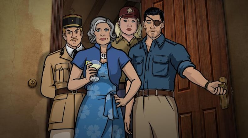 ARCHER -- "Season 9, Episode 1 -- Pictured (l-r): Reynaud (voice of Adam Reed), Malory Archer (voice of Jessica Walter), Pam Poovey (voice of Amber Nash), Sterling Archer (voice of H. Jon Benjamin). CR: FXX