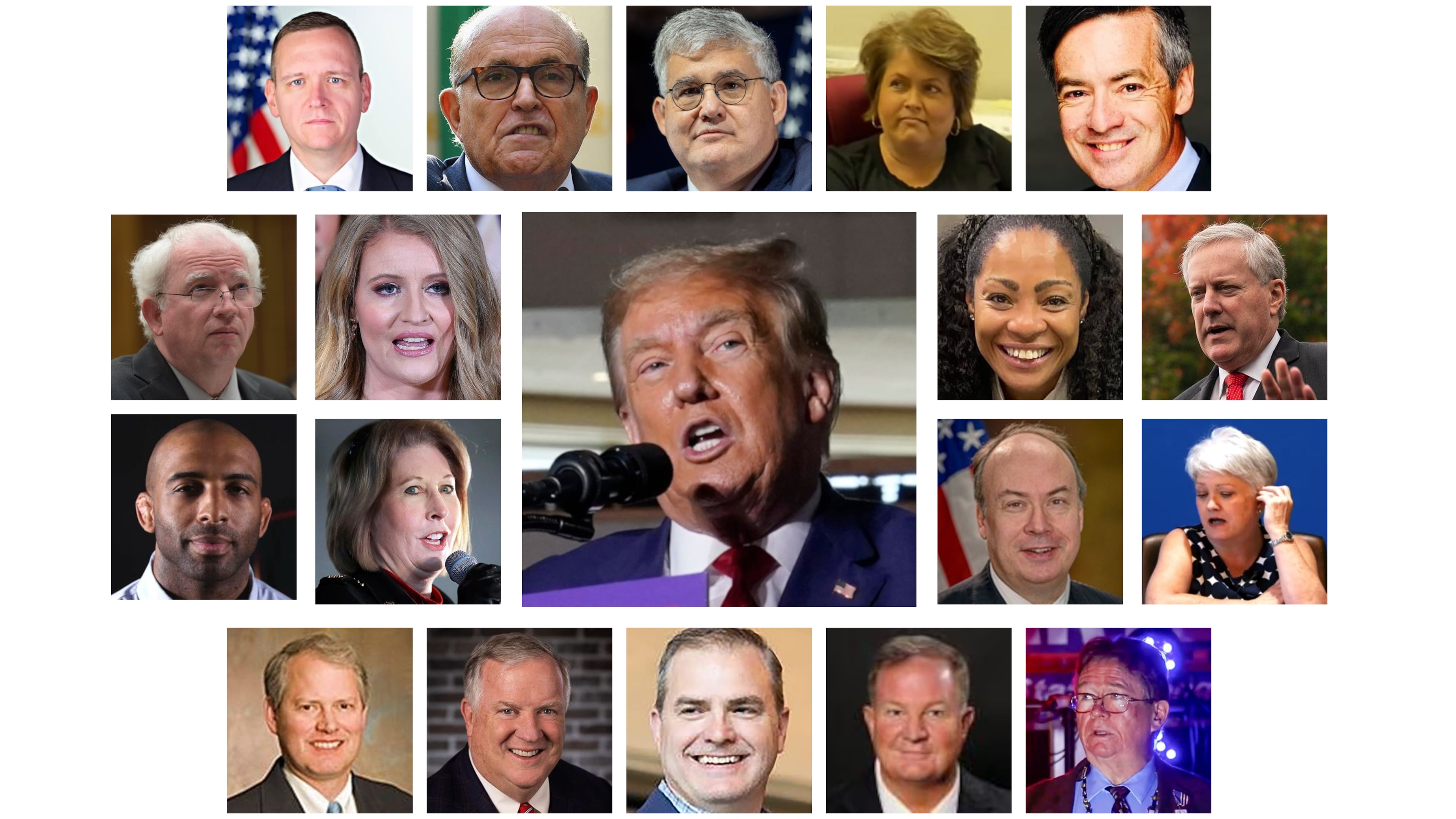 Former President Donald Trump (center) was indicted on Aug. 14, 2023, by a Fulton County grand jury on multiple felony charges. Also indicted were (top row, from left) Mike Roman, Rudy Giuliani, David Shafer, Missy Hampton, Kenneth Chesebro; (second row, from left) John Eastman, Jenna Ellis, Trevian Kutti, Mark Meadows; (third row, from left) Harrison Floyd, Sidney Powell, Jeffrey Clark, Cathy Latham; (fourth row, from left) Ray Smith III, Bob Cheeley, Shawn Still, Scott Hall and Stephen Cliffgard Lee.