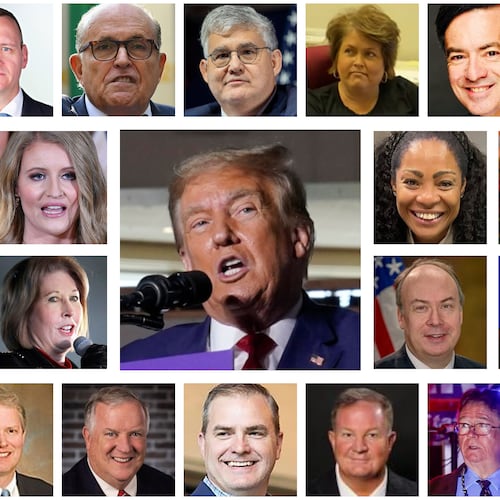 Former President Donald Trump (center) was indicted on Aug. 14, 2023, by a Fulton County grand jury on multiple felony charges. Also indicted were (top row, from left) Mike Roman, Rudy Giuliani, David Shafer, Missy Hampton, Kenneth Chesebro; (second row, from left) John Eastman, Jenna Ellis, Trevian Kutti, Mark Meadows; (third row, from left) Harrison Floyd, Sidney Powell, Jeffrey Clark, Cathy Latham; (fourth row, from left) Ray Smith III, Bob Cheeley, Shawn Still, Scott Hall and Stephen Cliffgard Lee.