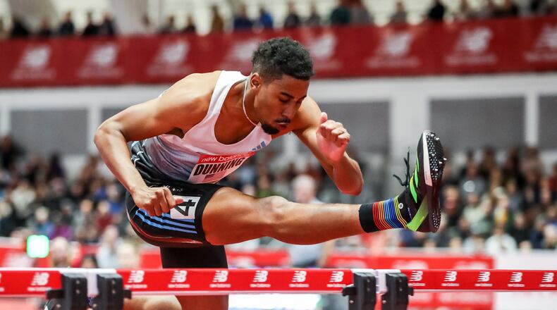 Robert Dunning, a graduate of Kennesaw Mountain High School, takes part in the hurdles at the New Balance Indoor Grand Prix track and field event in Boston, Feb. 3, 2023. (Photo by Kevin Morris)