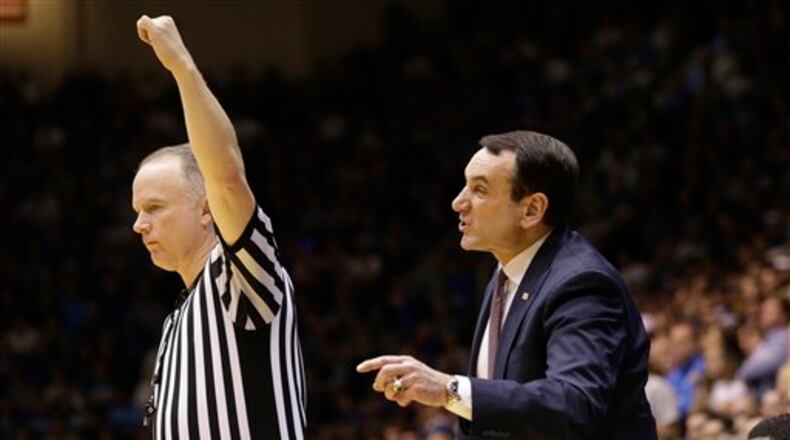 Duke head coach Mike Krzyzewski reacts during the second half of an NCAA college basketball game against North Carolina in Durham, N.C., Saturday, March 5, 2016. North Carolina won 76-72. (AP Photo/Gerry Broome)