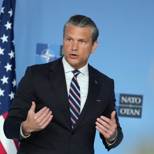 United States Defense Secretary Pete Hegseth speaks during a press statement on arrival for a meeting of NATO defense ministers at NATO headquarters in Brussels, Thursday, June 18, 2026. (AP Photo/Virginia Mayo)