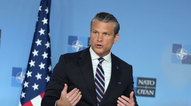 United States Defense Secretary Pete Hegseth speaks during a press statement on arrival for a meeting of NATO defense ministers at NATO headquarters in Brussels, Thursday, June 18, 2026. (AP Photo/Virginia Mayo)