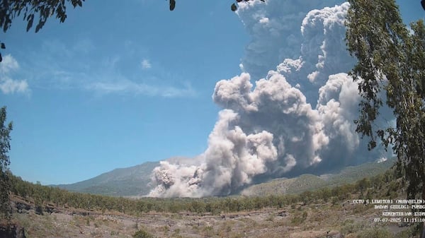 In photo released by the Geological Agency (Badan Geologi) of the Indonesia's Ministry of Energy and Mineral Resources, Mount Lewotobi Laki Laki spews volcanic materials during an eruption in East Flores, Indonesia, Monday, July 7, 2025. (Badan Geologi via AP)