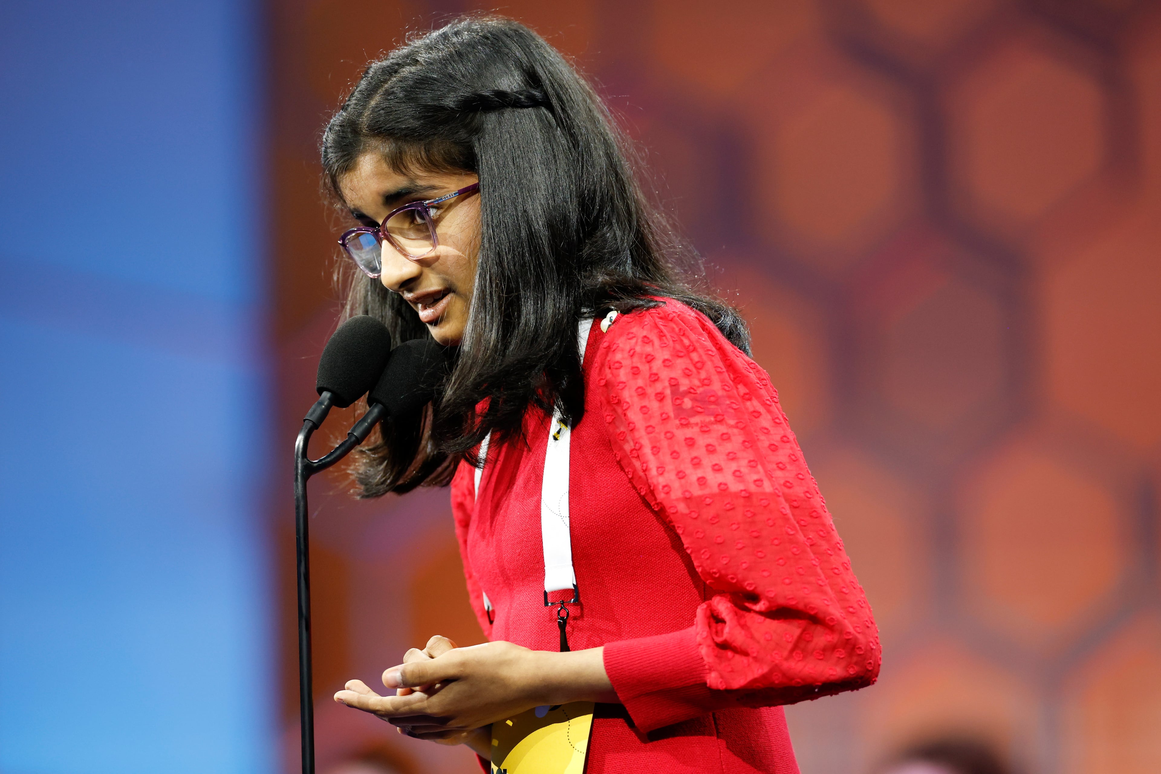 Esha Marupudi, 13, of Phoenix, competes in the finals of the Scripps National Spelling Bee in National Harbor, Md., on Thursday, May 29, 2025. (Ting Shen/The New York Times)
