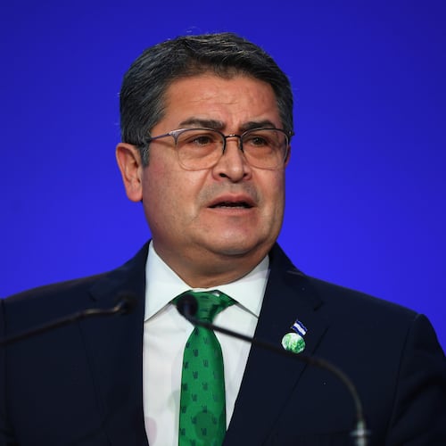 FILE - Honduras' President Juan Orlando Hernandez speaks during the opening ceremony of the UN Climate Change Conference COP26 in Glasgow, Scotland, Monday Nov. 1, 2021. Andy Buchanan/Pool via AP, File)