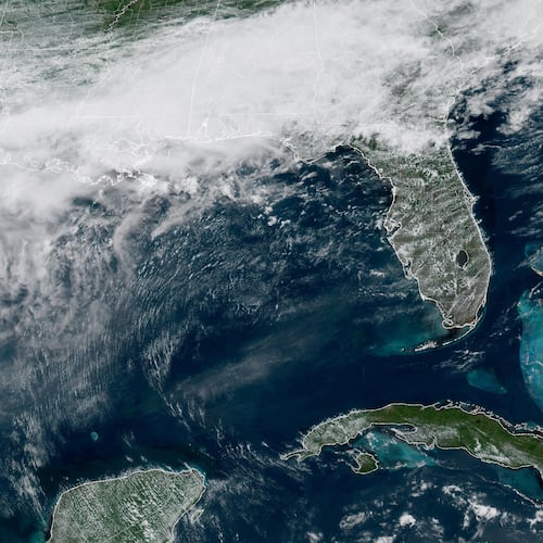 This GOES-19 GeoColor satellite image provided by NOAA, shows a storm system forming along the Gulf coast of Texas, on Tuesday, June 16, 2026. (NOAA via AP)
