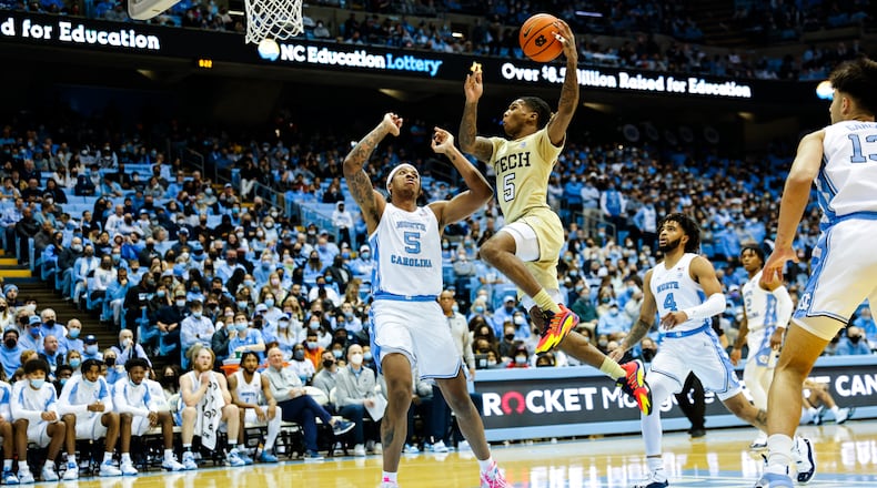 Georgia Tech guard Deivon Smith scored 16 points in the Yellow Jackets' 88-65 loss to North Carolina on Jan. 15 in Chapel Hill, North Carolina. In the past five games for the Yellow Jackets, Smith is averaging 8.6 points, 5 rebounds, 2.6 assists, 1 steal and 1.6 turnovers in 20.6 minutes coming off the bench. (Jaylynn Nash)